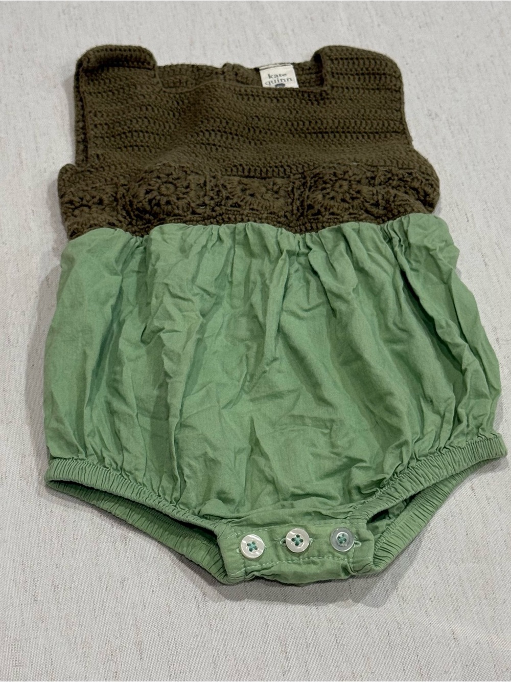 kate quinn Olive Green Crochet Green Baby Bubble Romper Handmade in Kenya 12-18m